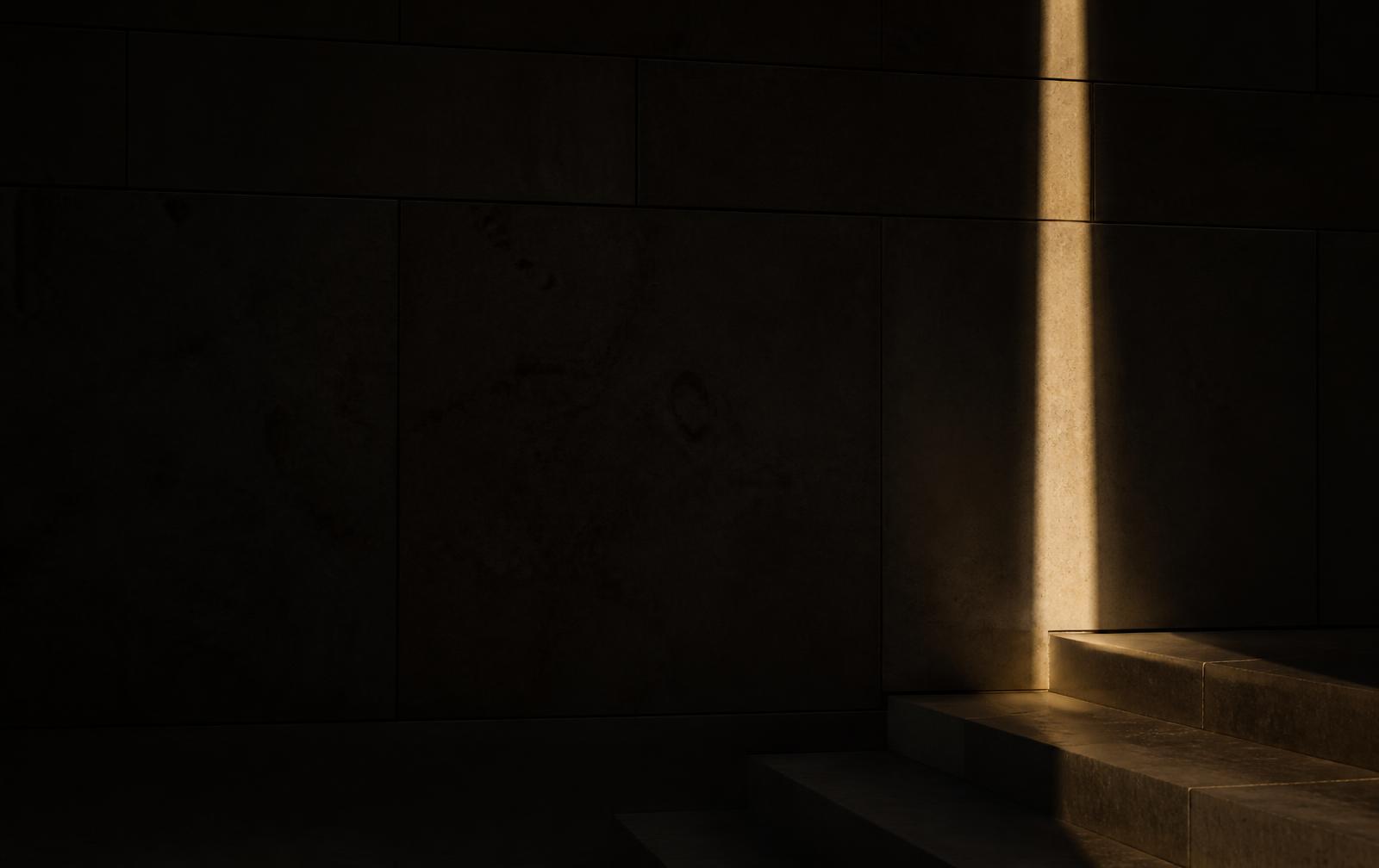 Limestone wall in deep shadow with a single blade of warm sunlight
