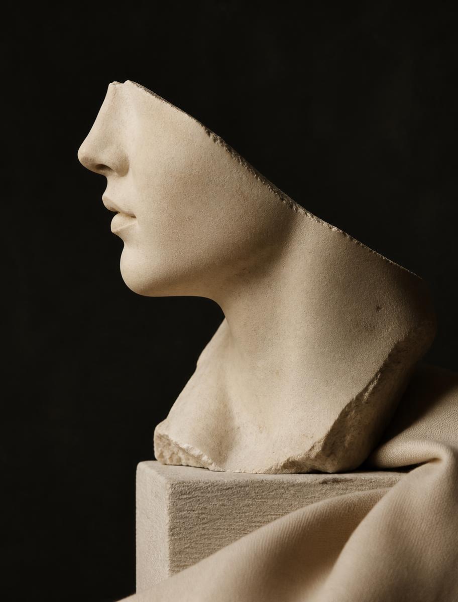 Sculpted stone profile study in warm light